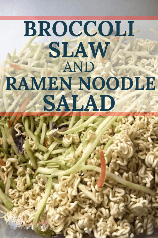 Bring this broccoli slaw ramen noodle salad to any summer cookout for an easy win.  | broccoli slaw ramen noodle salad recipe | broccoli slaw salad | ramen noodle salad recipe #blessedsimplicity #acvrecipes #meatlessrecipe #summersalad 