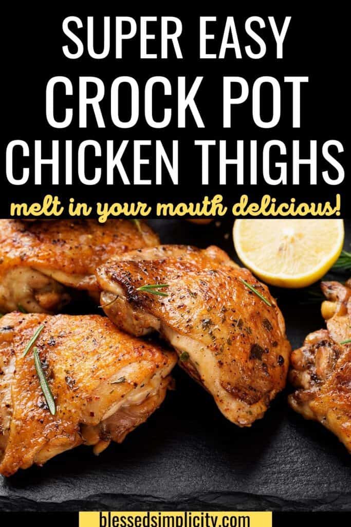 crock pot roasted chicken thighs with rosemary and lemon under white text on black background.