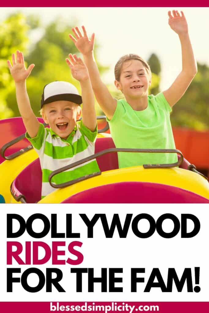 girl and boy with a hat on with arms in the air riding a roller coaster Dollywood Rides