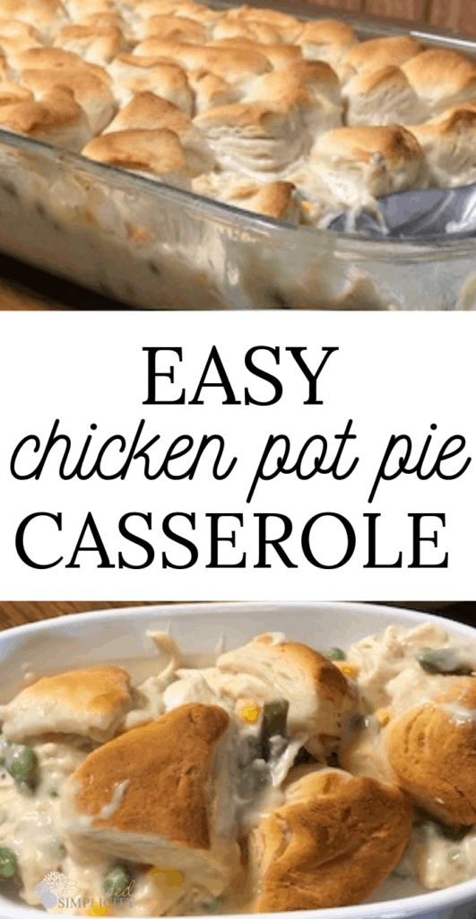 Serve up comfort food for dinner with this easy twist on an old favorite.  Chicken pot pie casserole with canned biscuits is a delicious easy weeknight dinner.  | dinner recipe | chicken recipe | casserole recipe | chicken casserole recipe | canned biscuit recipe | freezer meal | chicken freezer meal | #chickenpotpie #chickenrecipe #blessedsimplicity