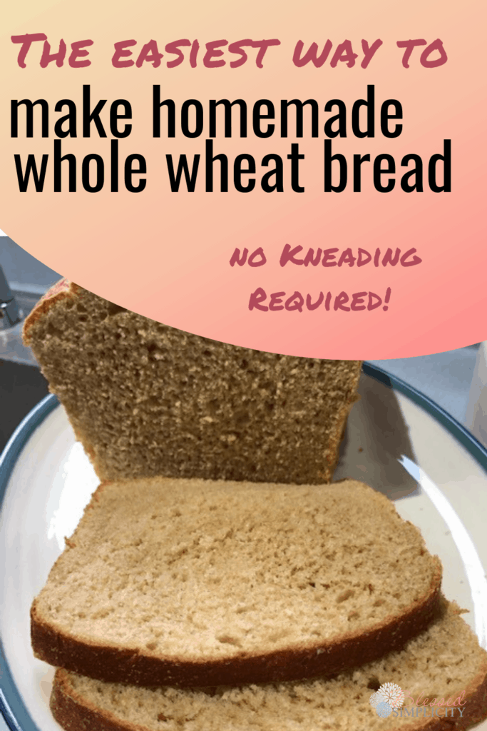 This easy homemade whole wheat bread recipe uses wheat berries, a bread machine and honey.  This healthy recipes can be a daily frugal living staple. #wholewheat #homemadebread #blessedsimplicity #