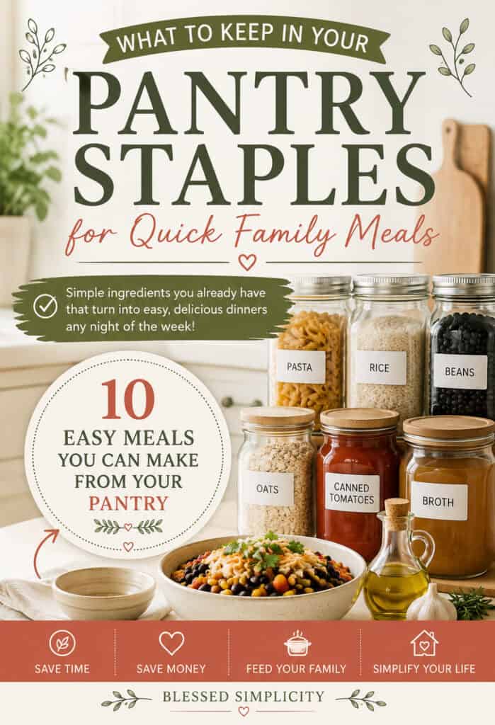 Pantry staples including pasta, rice, beans, and canned tomatoes for quick family meals.