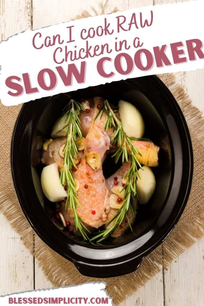 raw chicken in a black crock pot with onions and thyme